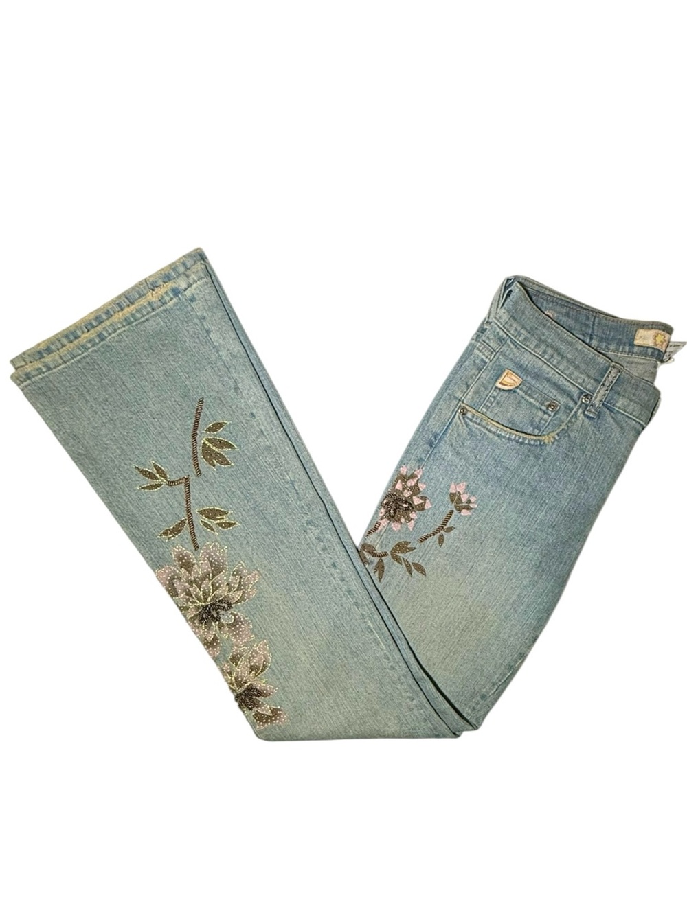 Y2K Z Cavaricci Beaded Floral Low Rise Bootcut Jeans 7 (True Y2K)